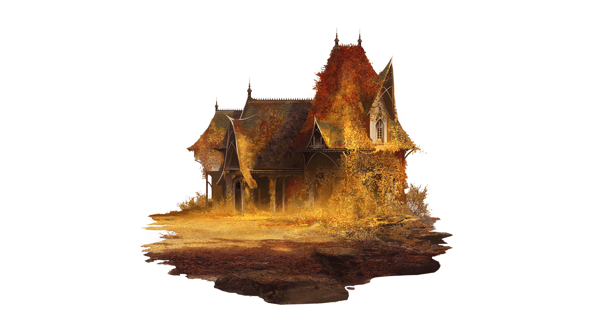 A two story house sits in the middle of a field. Nature has taken back this house with vines of autumn colored leaved covering most of the exterior.