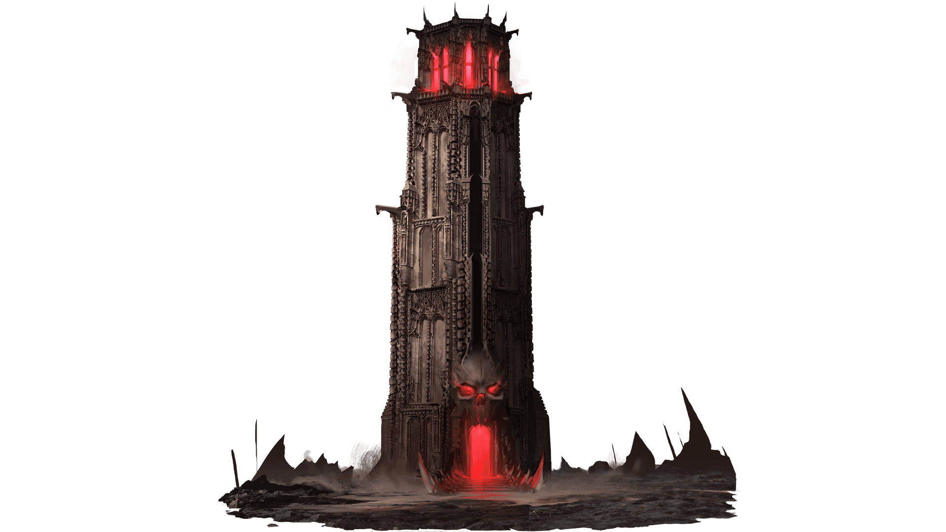 A giant tower stands alone. The tour is made out of carved stone and has a skull for the doorway. A red light shines out through the mouth of the tower as well as from the windows at the top.