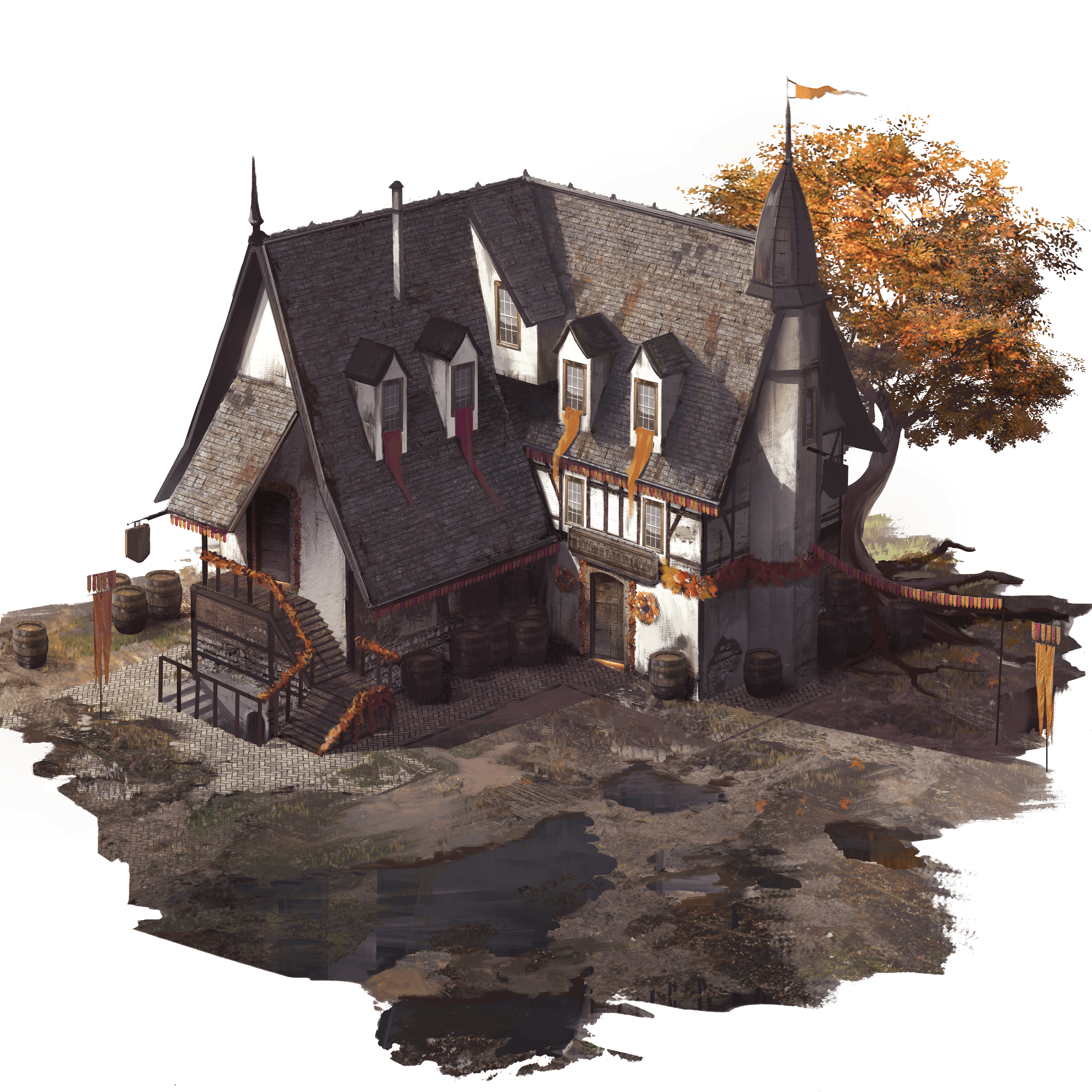 Aerial view of a hige two story building made of white stone and has lots of windows and steep roofs sits in the middle of a dirt plot with puddles. 