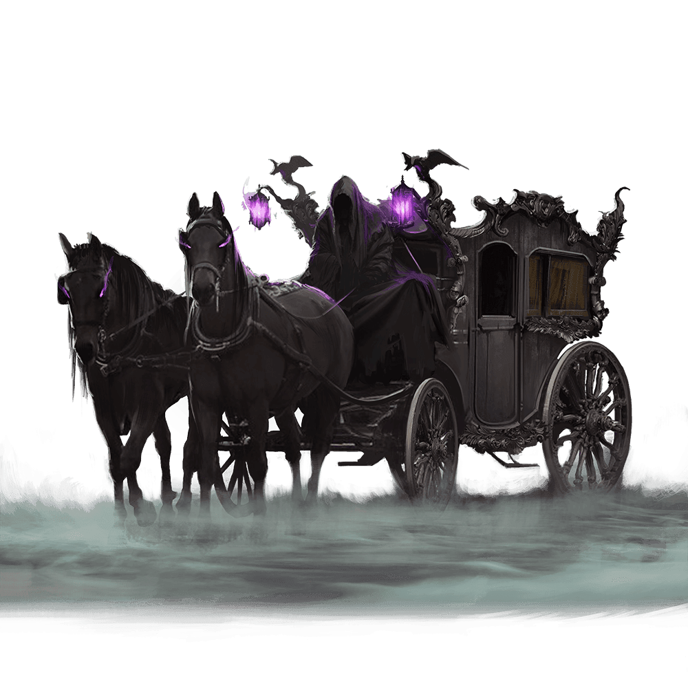 A ghostly Timely Deliverance caravan skin that is shrouded in mist, drawn by two black horses and driven by a creature holding two purple flames