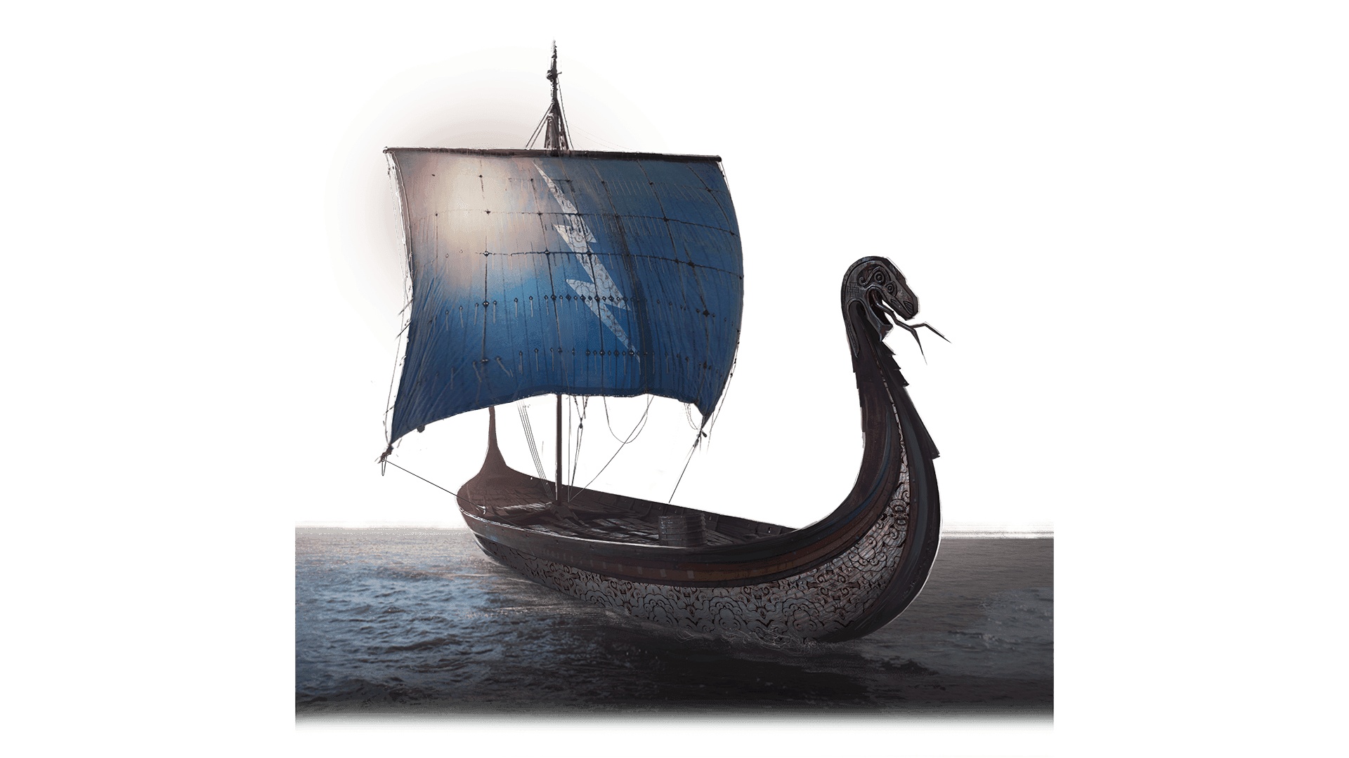 A Viking inspired boat with a serpents head at the front sails with a one giant sail that has a single bolt of lightning on it.