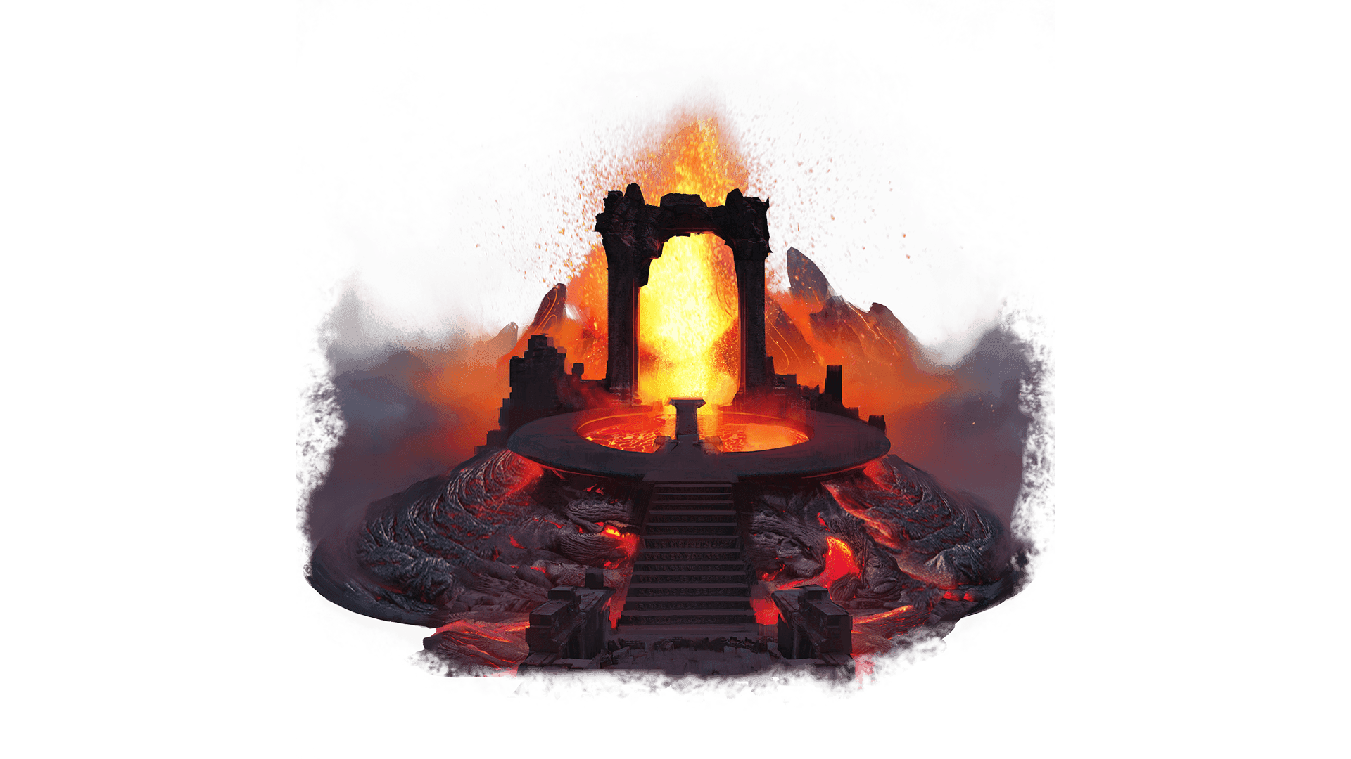 A black archway sits atop and mound of molten lava. There are steps leading up to a circle where the archways sits and lava explodes behind it.