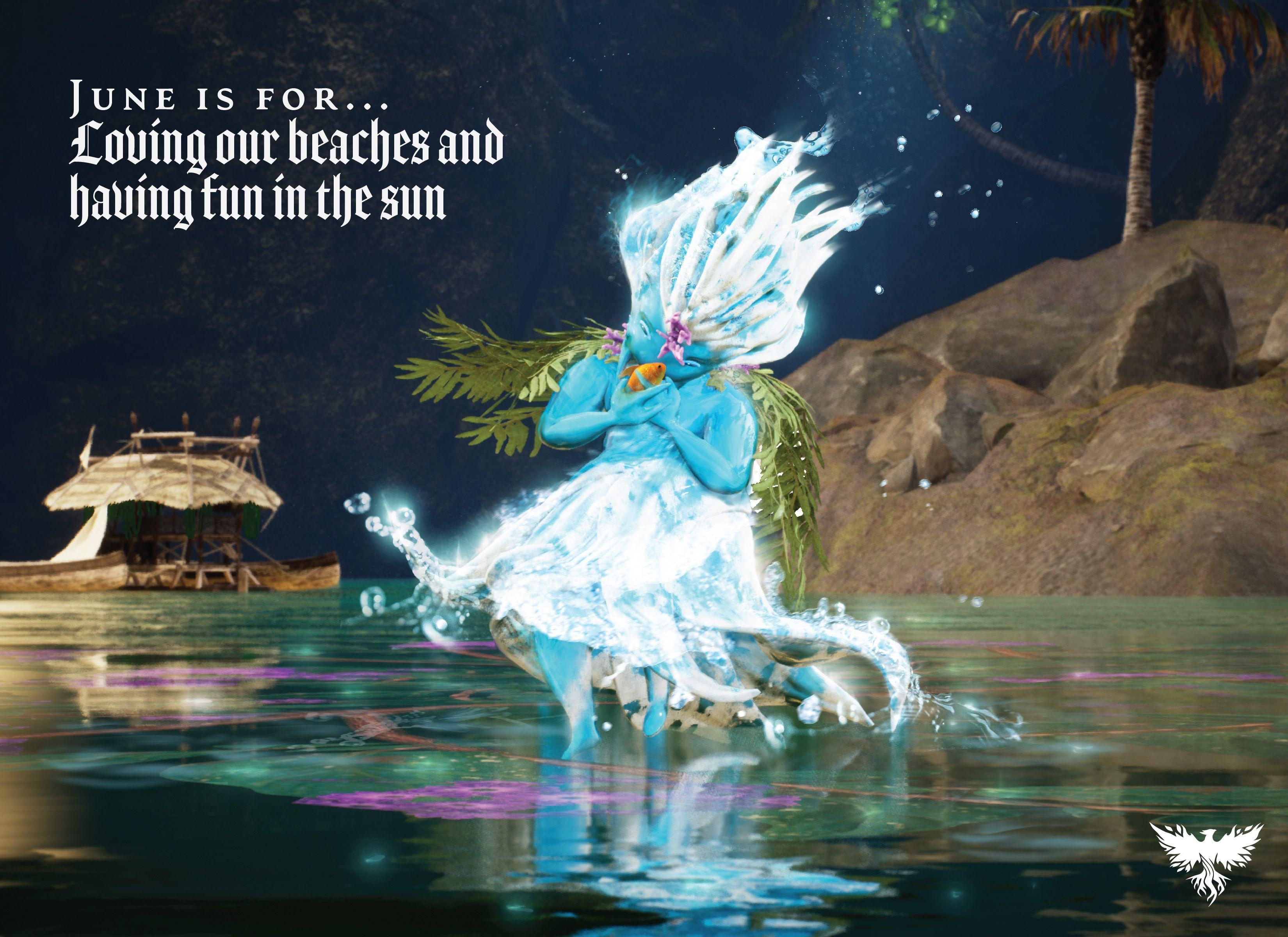 A glowing water spirit dancing in the middle of a lake. The spirt has green leaves adorning their shoulder and a fish cradled in their hands