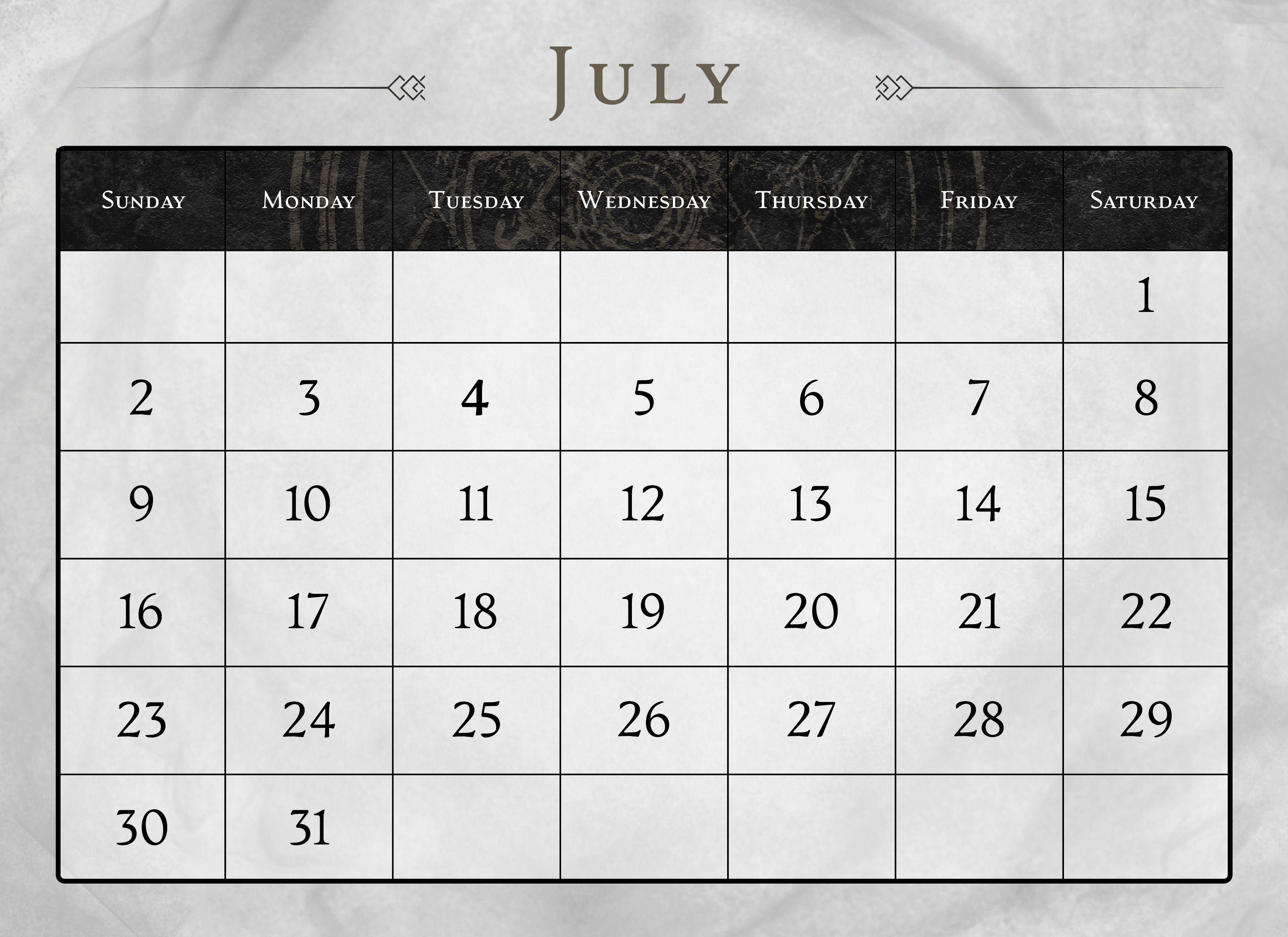 Calendar page for the month of July