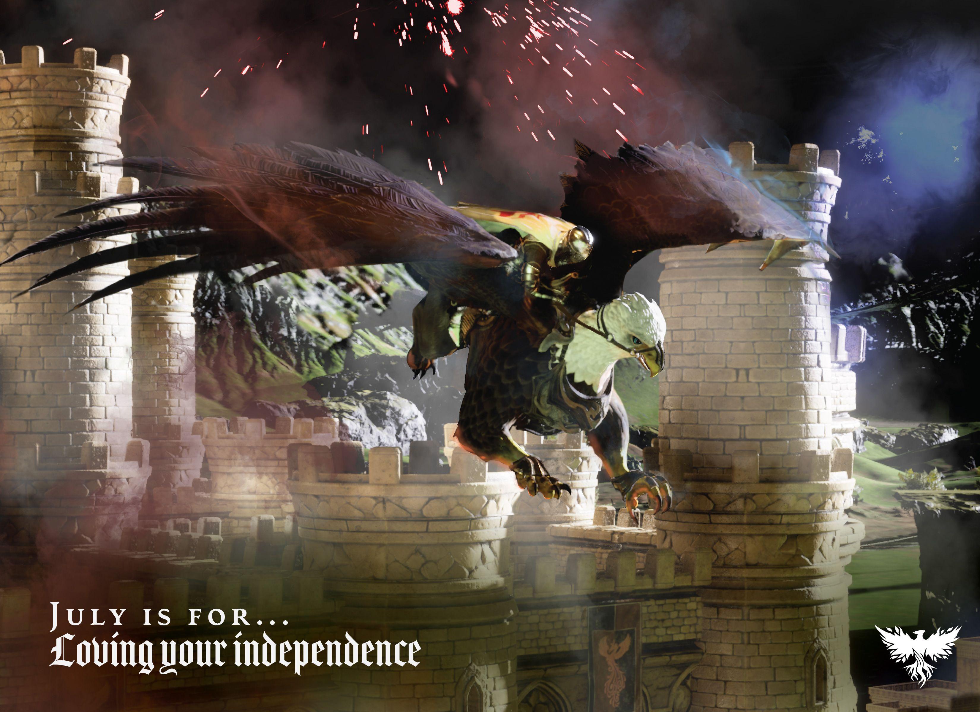 Griffin that looks like a bald eagle swoops down from an exploding castle scene with an armored rider on its back