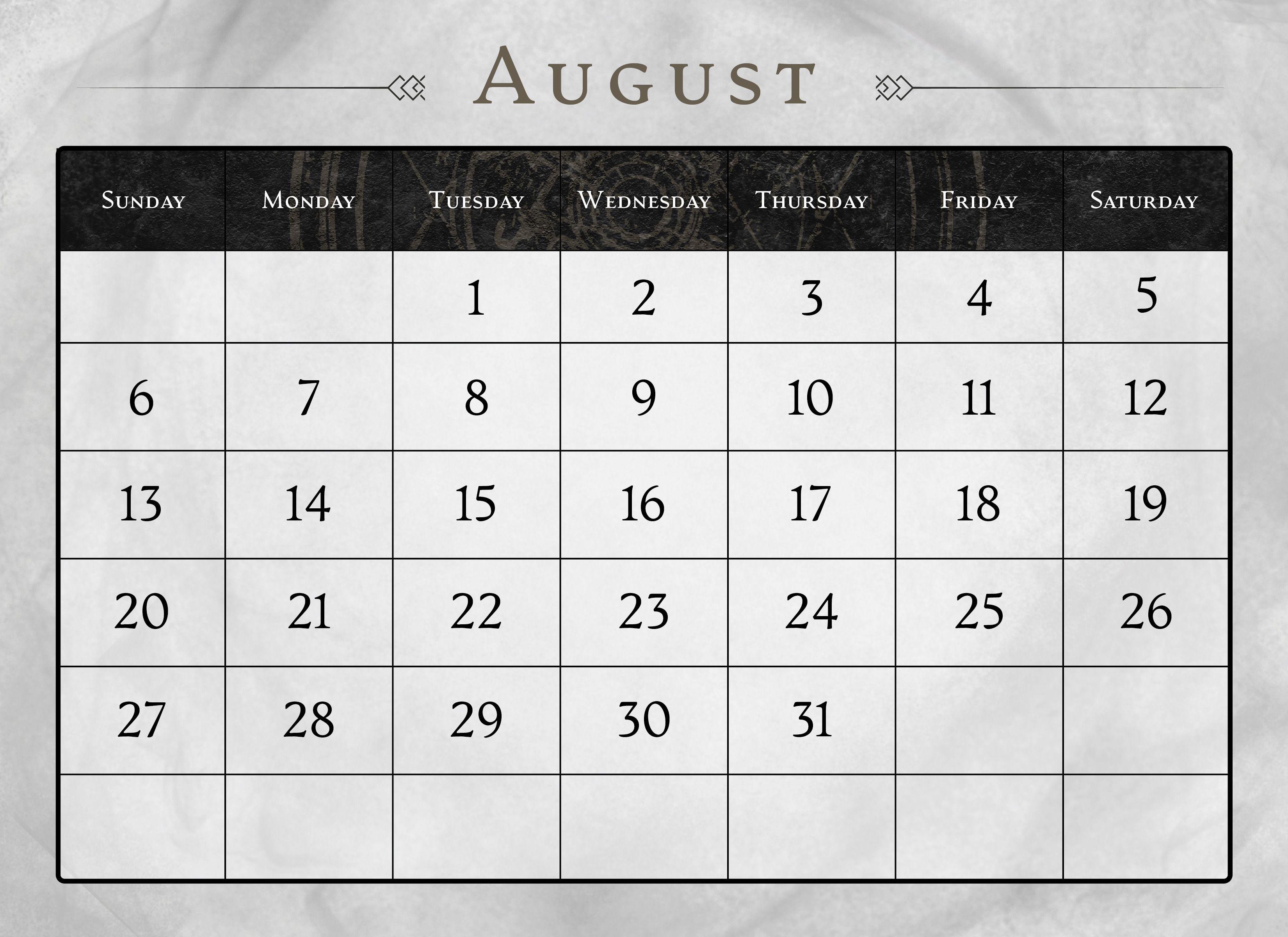 Calendar page for the month of August
