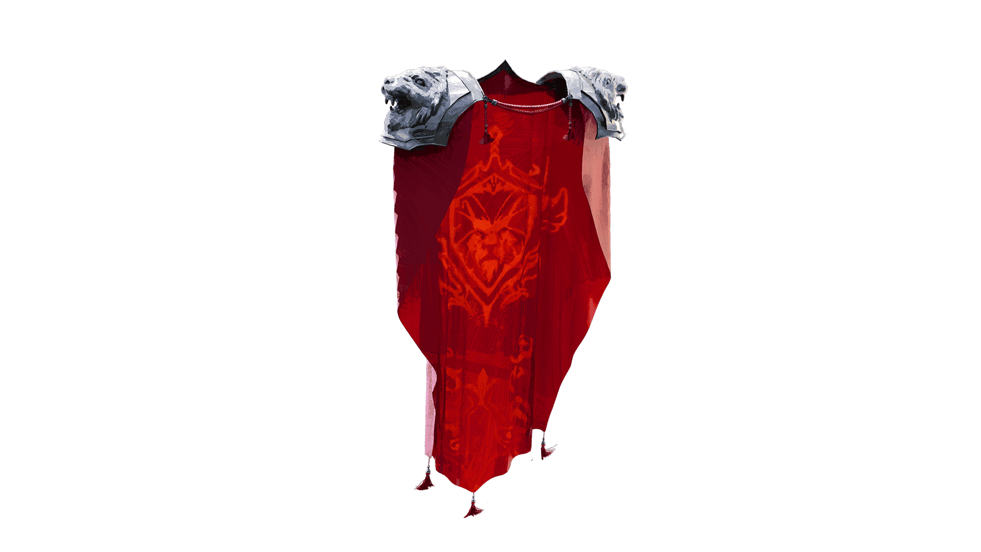A red cape with the Kaelar emblem in the back and silver lions head shoulder protectors.