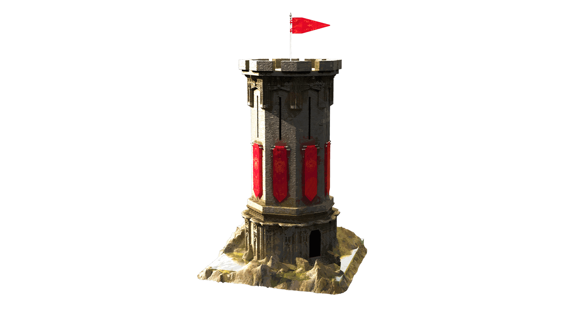 A standalone tower sits atop a rocky plot of land. The tower has one large archway entrance and slits for windows. Red Kaelar flags hang from the side of the tower while one red flag is planted at the top.
