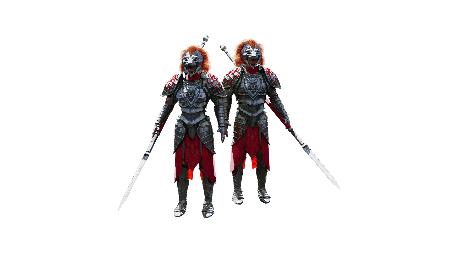 A male and female Kaelar human stand next to one another covered in head to toe silver armor. Their helmet resembles that of a male lion with an orange furred mane. Each human holds a large spear to their side.