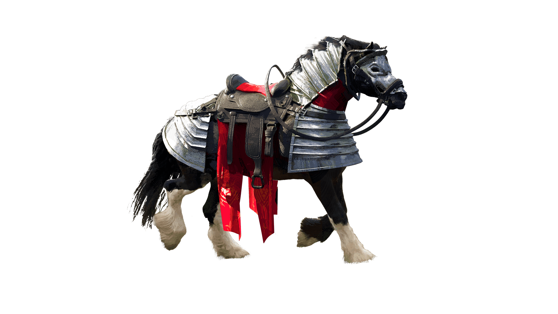 A black horse with white hooves trots to the right will covered in silver armor with a black leather saddle on its back.