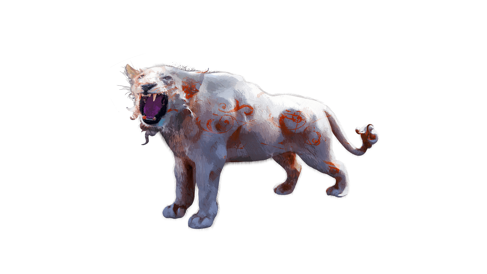 A Phantom of Bratta roars at the camera displaying it's two large canine teeth. This creature has fur of white and orange swirls.