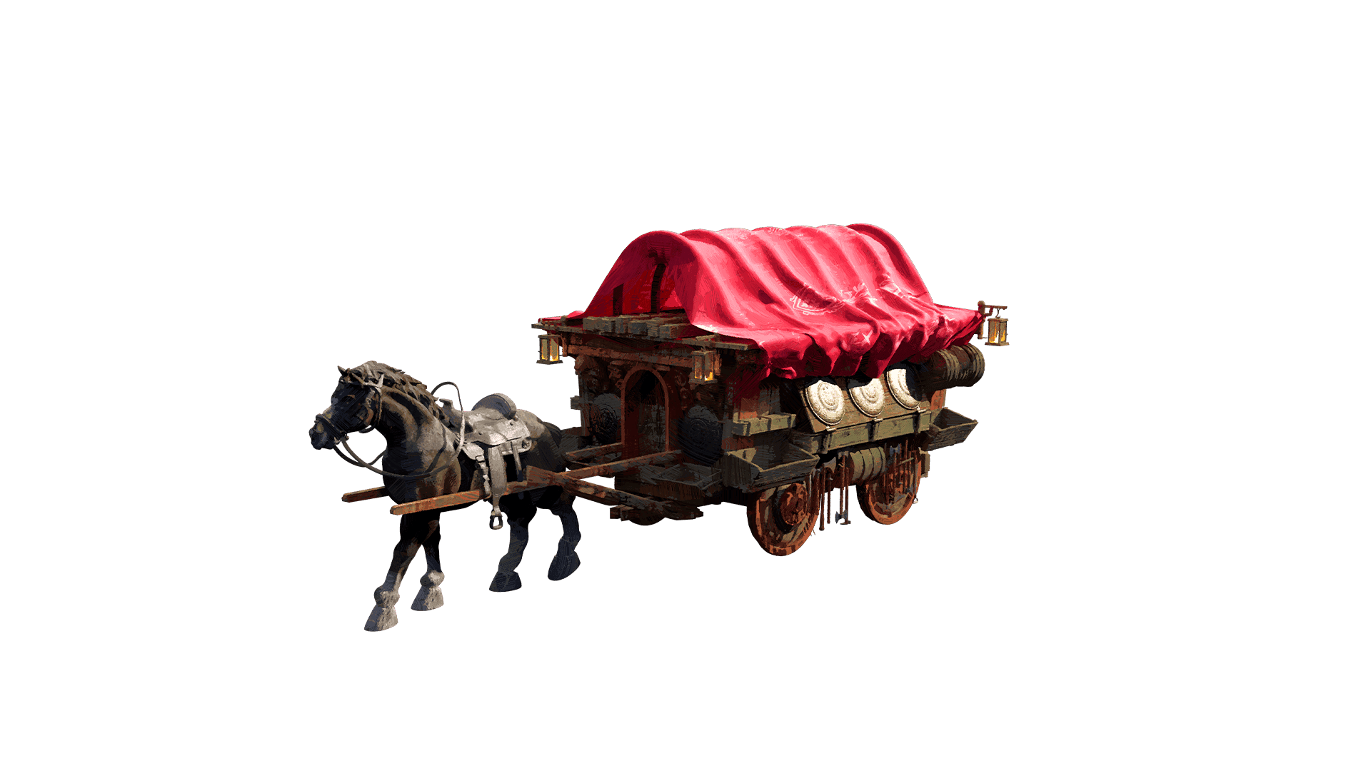 A black horse pulls a low ceiling wooden wagon with a red cloth roof.