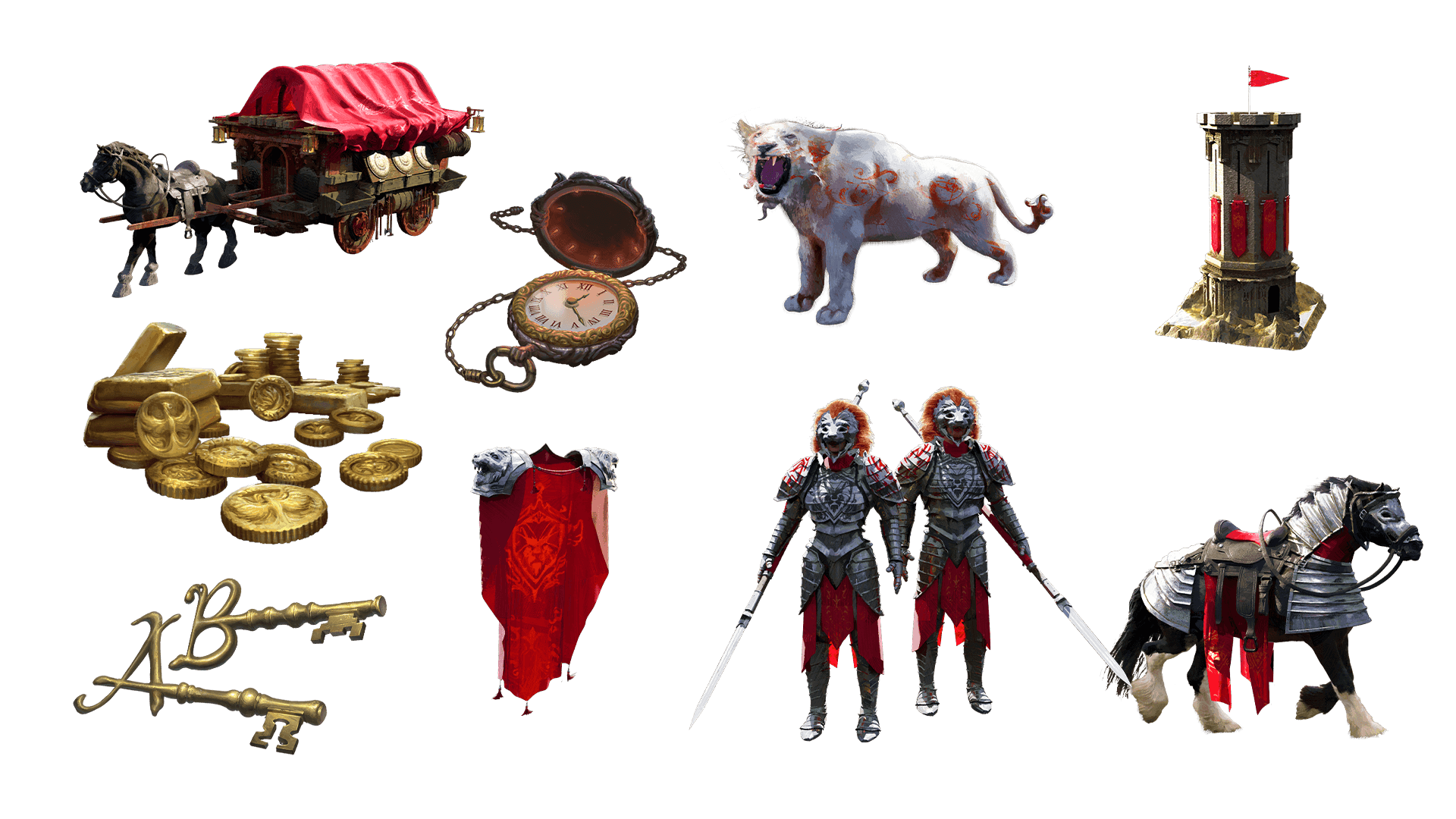 9 images of items included in the voyager plus pre-order package. A pocket watch for game time, a coin for embers, a key for game access, the accessory, the pet, mount, costume, caravan, and freehold