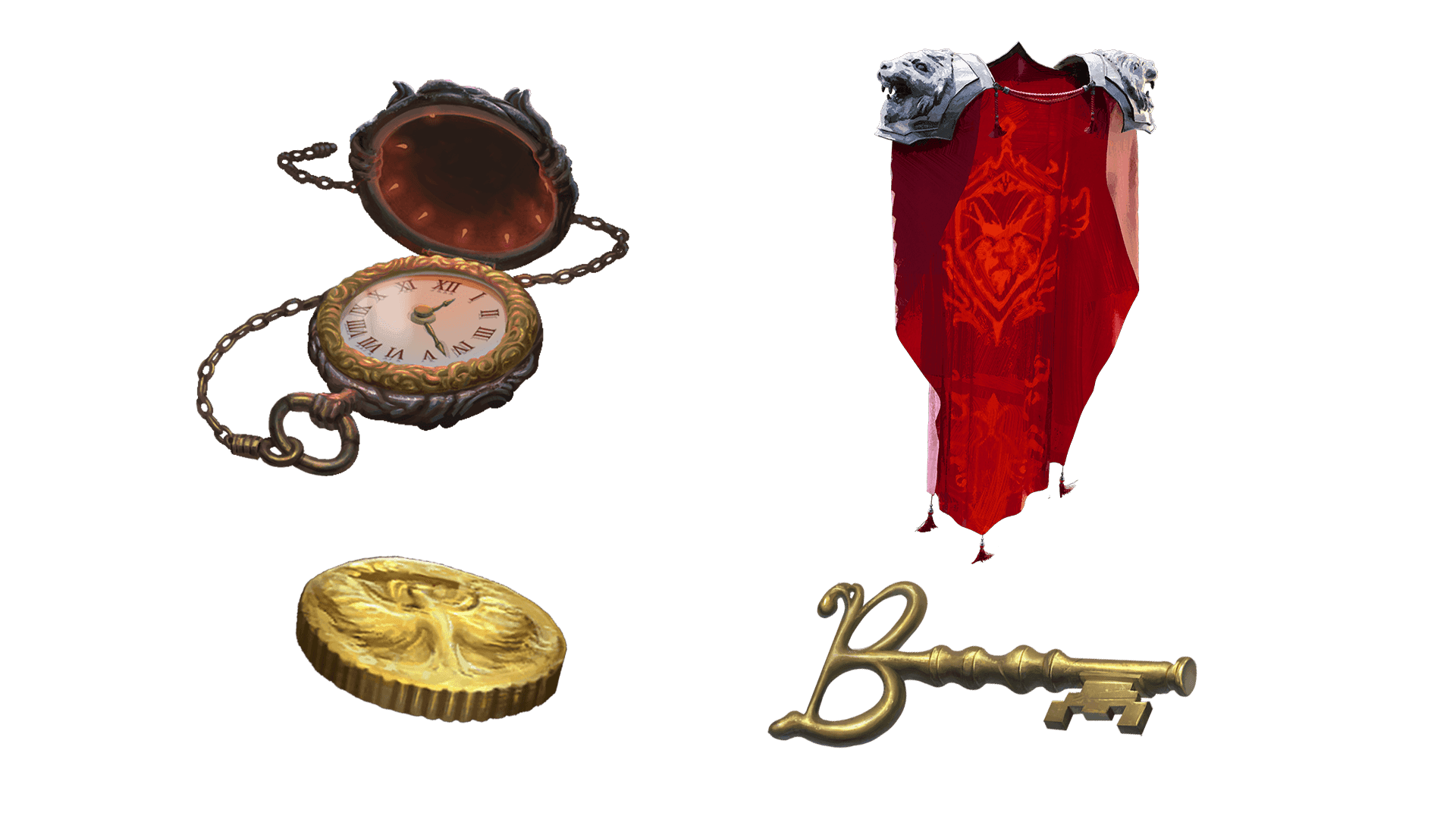 4 images of items included in the wayfarer pre-order package. A pocket watch for game time, a coin for embers, a key for game access, and the accessory