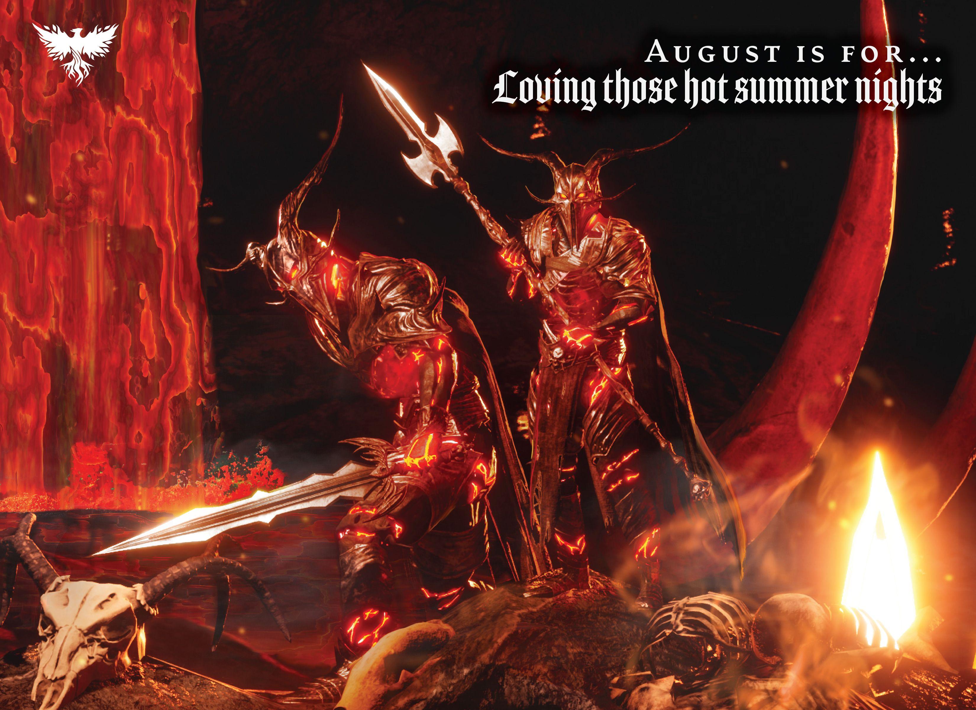 Fiery underworld scene with tow warriors in fire armor with sharp spears 