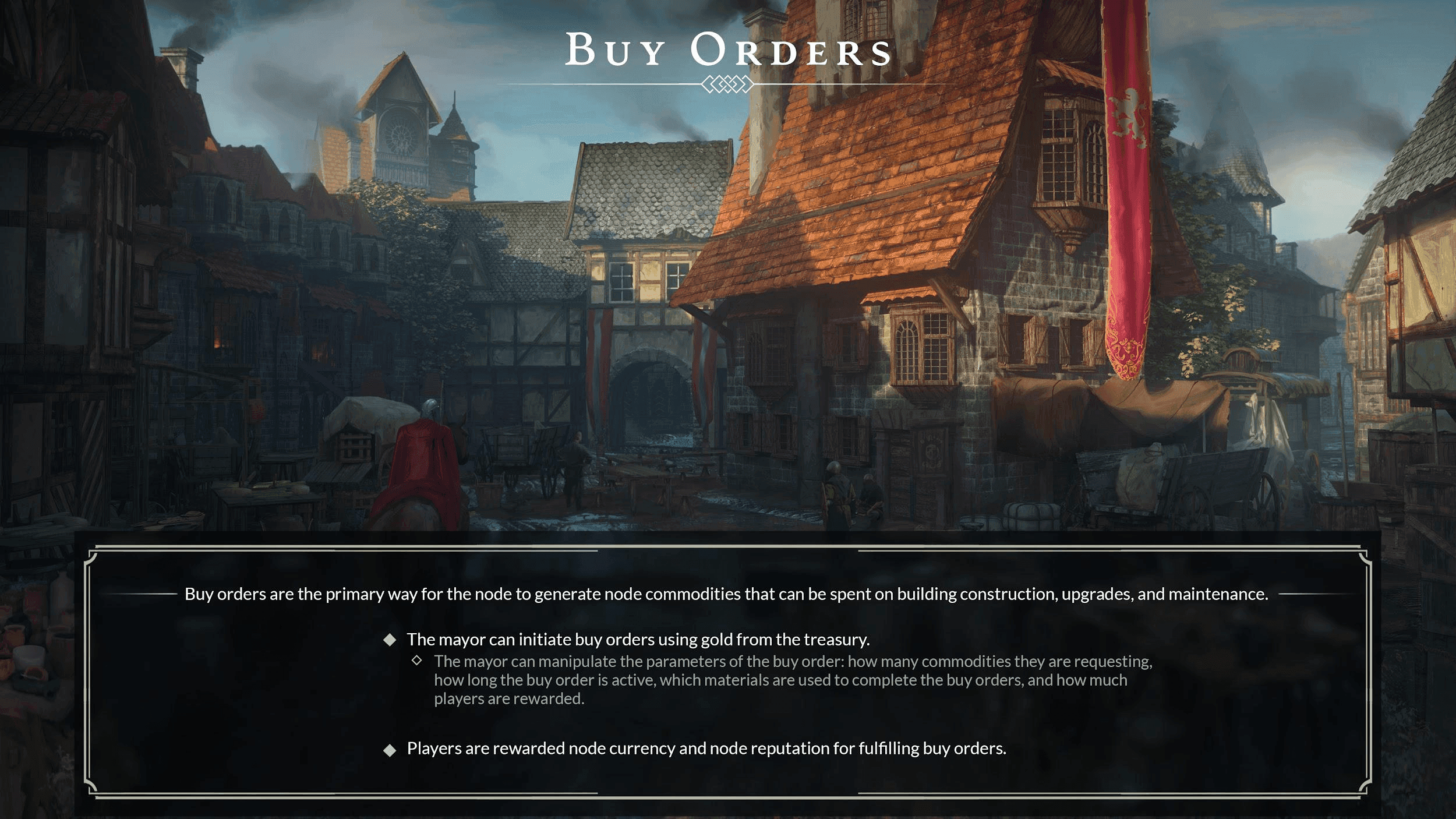 Kaelar city with sun on the roofs and a Kaelar knight riding on a horse away from us