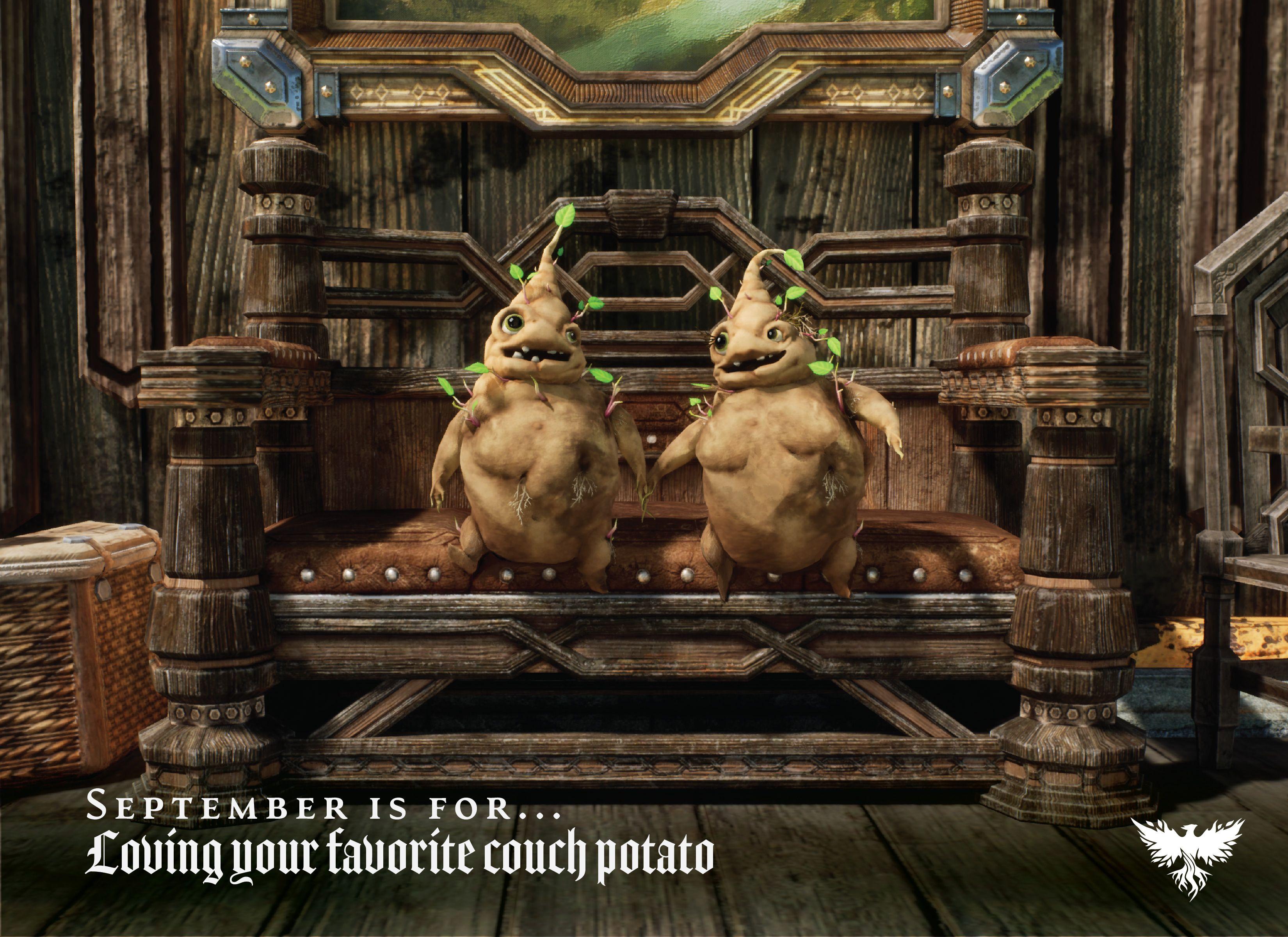 Two root like creatures with missing teeth and sprouts coming out of them sit on a wooden chair