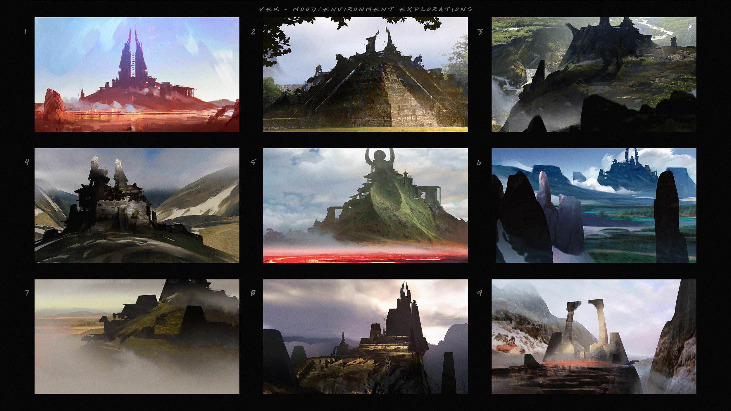 A grid with 9 rectangles on a black background. Each rectangle contains concept art for a race.