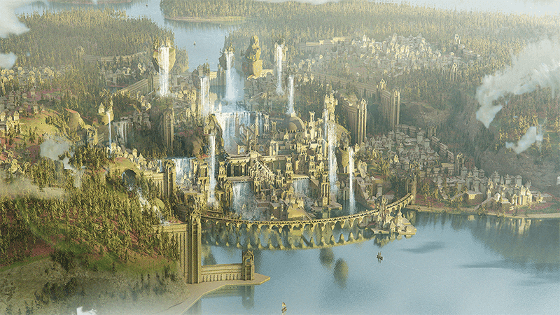 A sprawling city built along a river, surrounded by dense forests and mountains. The city features towering walls, intricate stone buildings, and multiple cascading waterfalls that flow from different heights into the river.