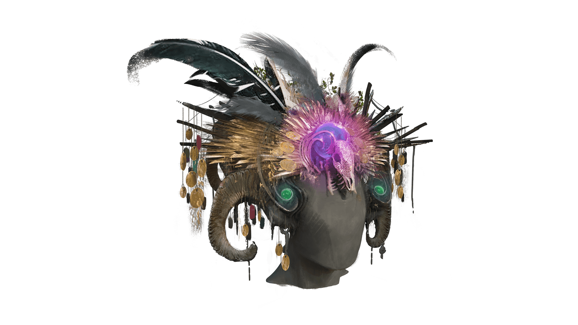 A head piece made of feathers and horns with a glowing purple skulls as the centerpiece.