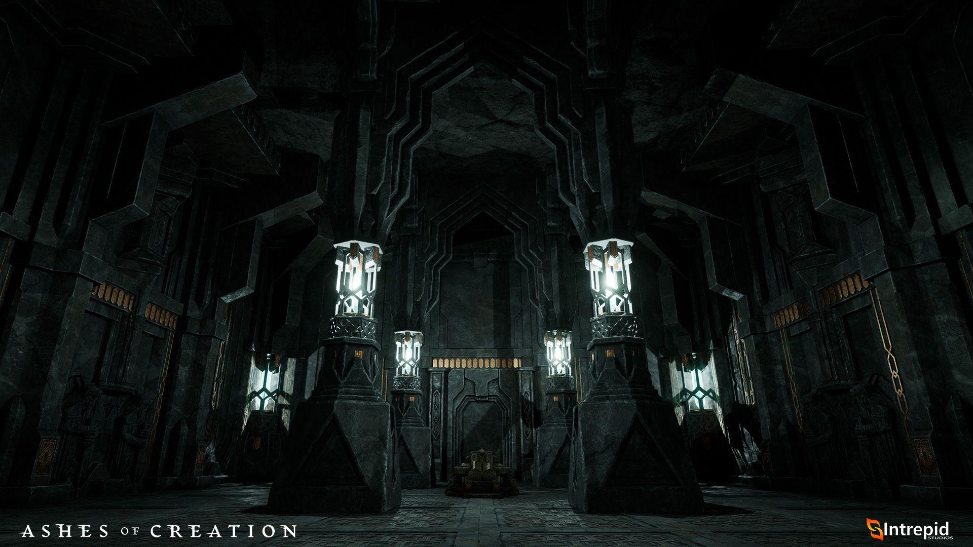 A room, stylized by Dünir architecture, inside a dark and gloomy mountain. 