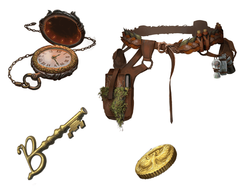 4 images of items included in the wayfarer pre-order package. A pocket watch for game time, a coin for embers, a key for game access, and the accessory