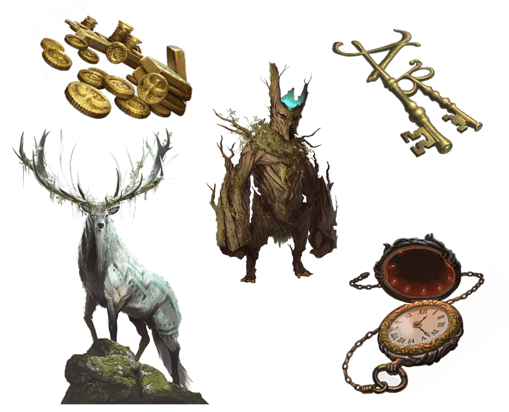 6 images of items included in the voyager pre-order package. A pocket watch for game time, a coin for embers, a key for game access, the accessory, the pet, and mount