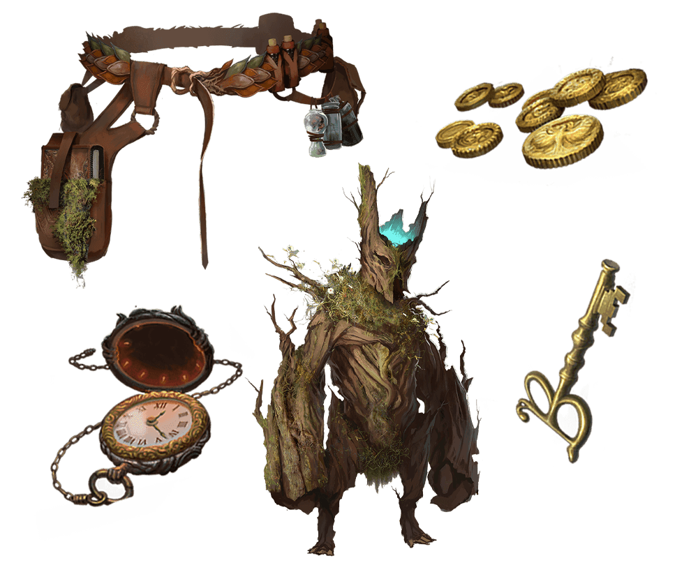 5 images of items included in the expeditionary pre-order package. A pocket watch for game time, a coin for embers, a key for game access, the accessory, and pet  