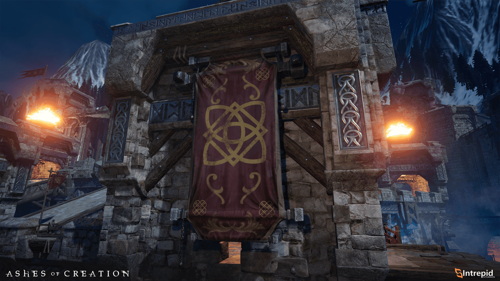 Giant stone wall at nighttime with a red flag with a golden sigil hanging from the front of it. Snow covered mountains can be seen in the background.