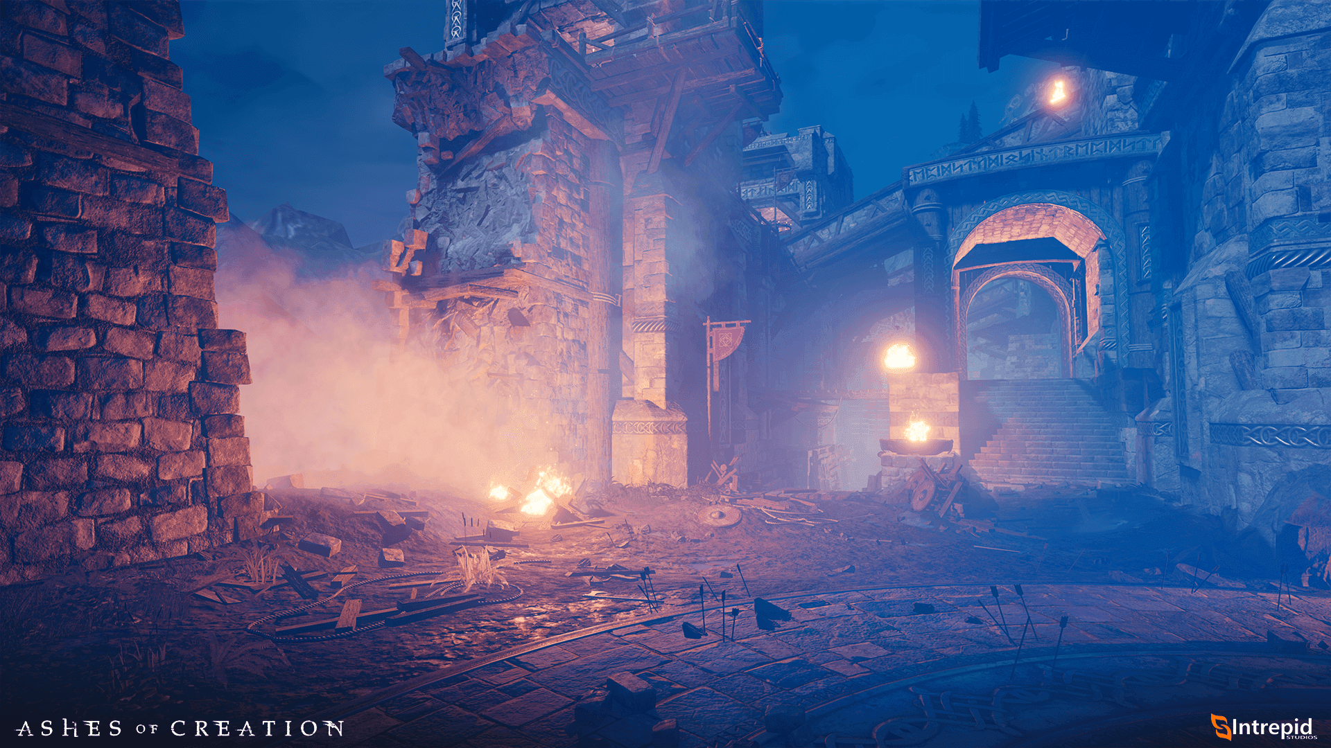 A smoking hole left in the side of a stone castle wall after what looks like an attack.