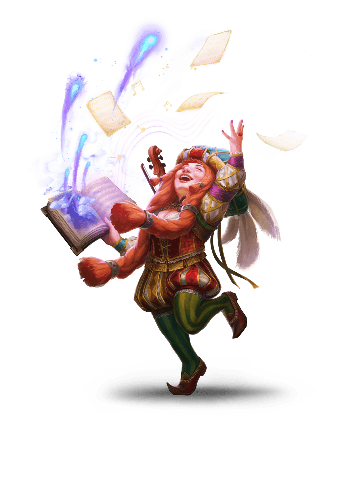 Cheerful Dünir dwarf in colorful bard outfit with magical book open shooting rays and pages out of it