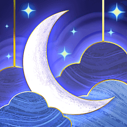 A white moon and stars on a dark blue background with clouds.