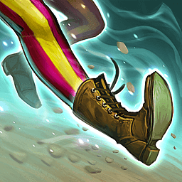 Two legs in a jaunty run wearing brown boots and red and yellow striped leggings. A light blue magic glows from the legs.