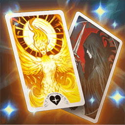 Two tarot-inspired cards hover glowing. The top shows a yellow-white female form with phoenix wings and a sun. The second card is in the back and shows a dark cloaked figure in profile holding a sword pointed up.
