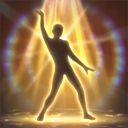 A silhouette figure raises their right arm above their head in a dance. Yellow spotlights shine down on them with a rainbow haze.