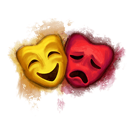 One golden comedy mask and a red tragedy mask side by side