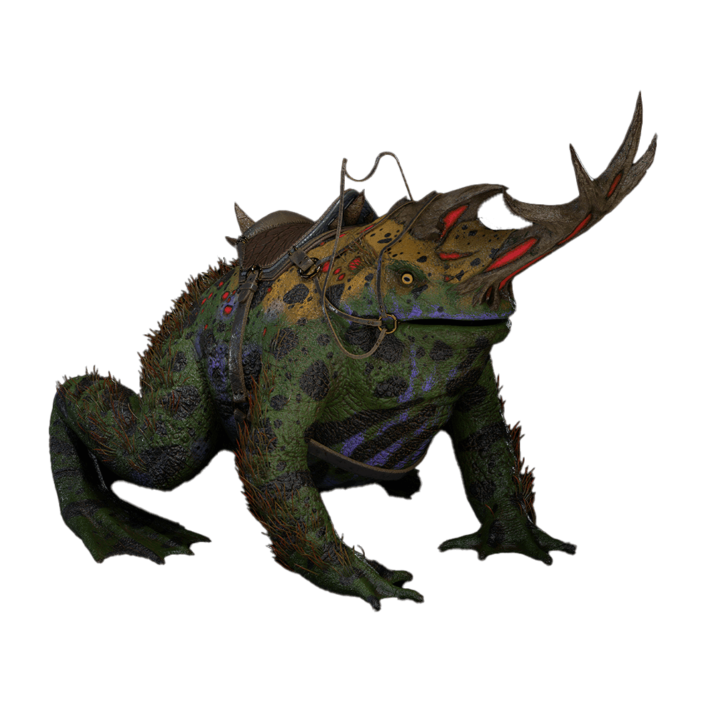 A dark green frog with a horn on its head and a saddle attached to its back.