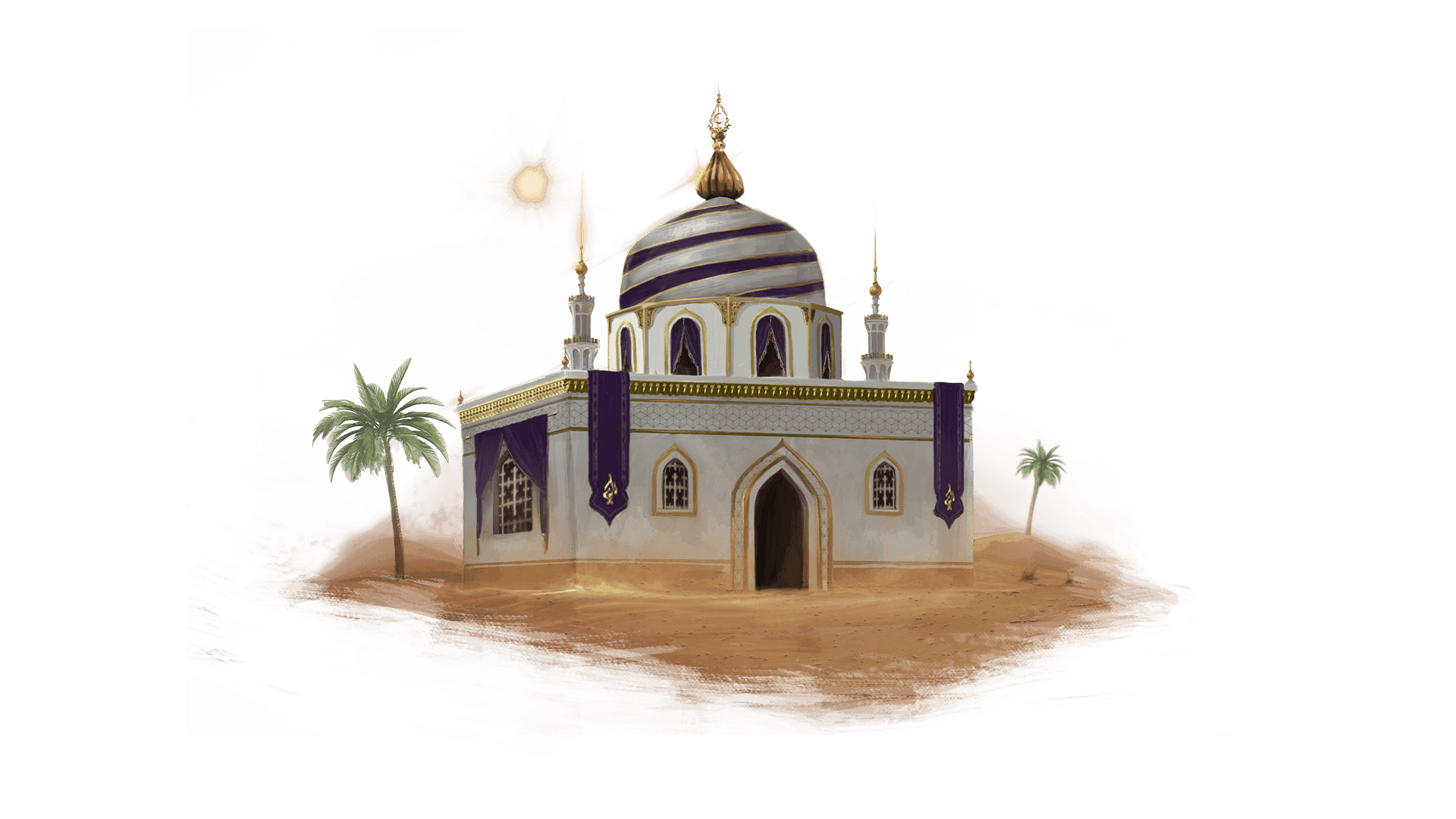 A white building with gold details and a purple stripped dome sits in the middle of a desert with a palm tree on either side of it.