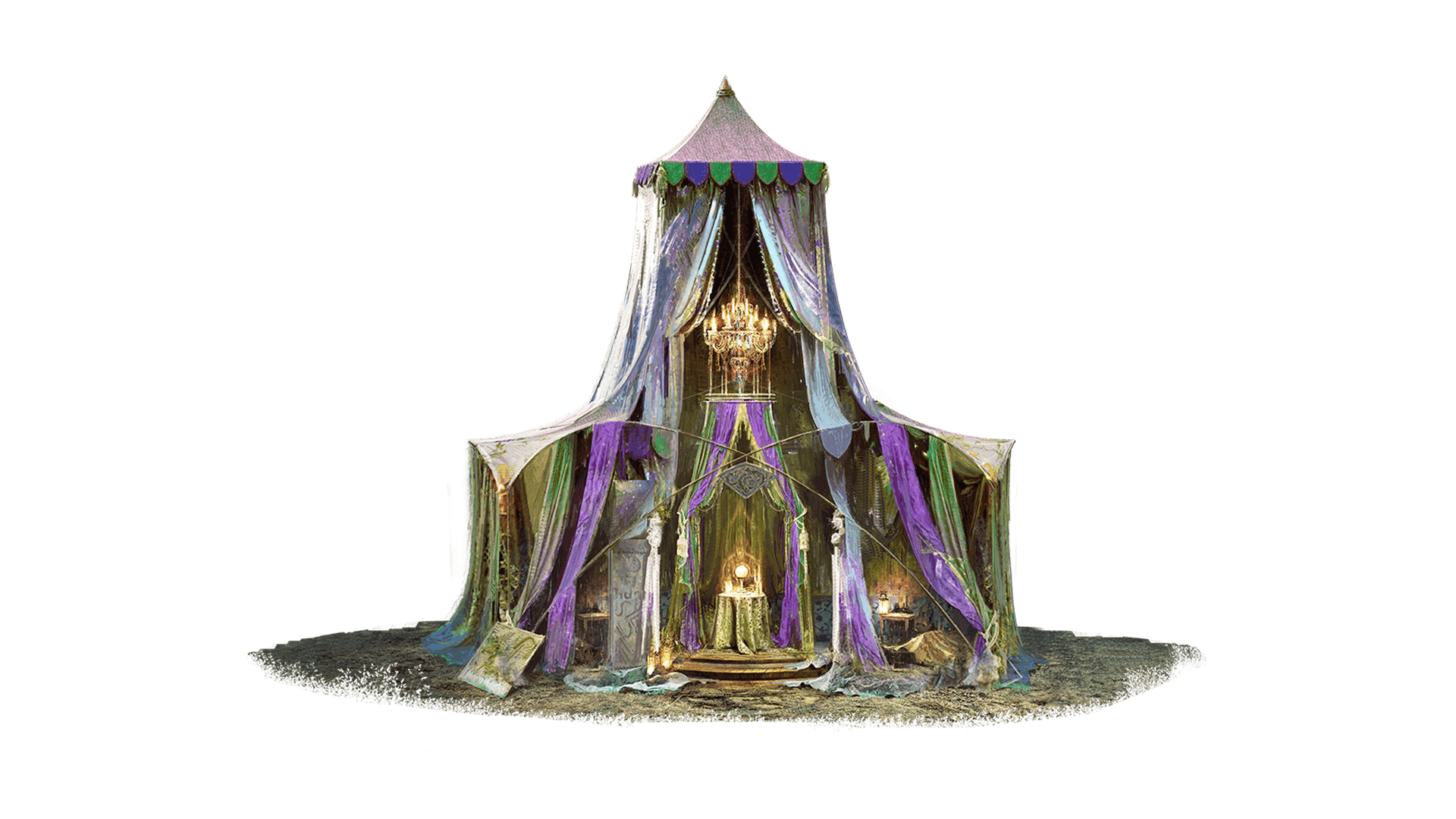 A two story tent made of purple and green fabric stands tall with a table and chandelier in the center of it.