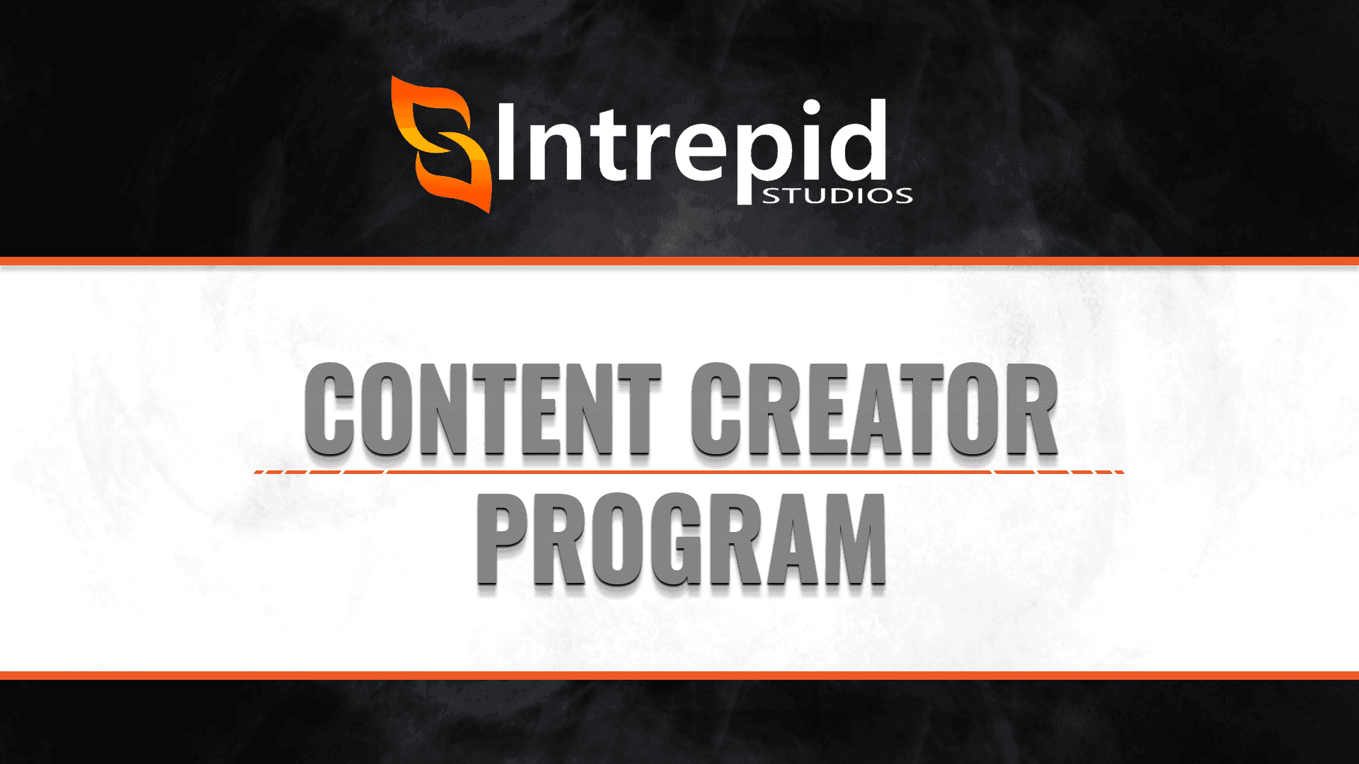 A white, orange, and black slide with the Intrepid logo on it displaying text that says content creator program.