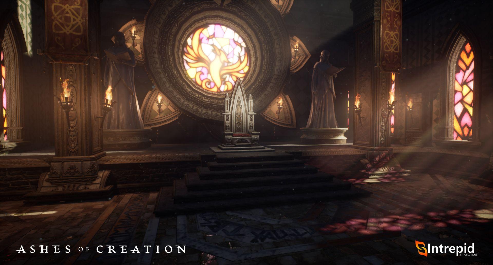 An open thrown room with an empty throne and god's rays shining through the stained glass windows.