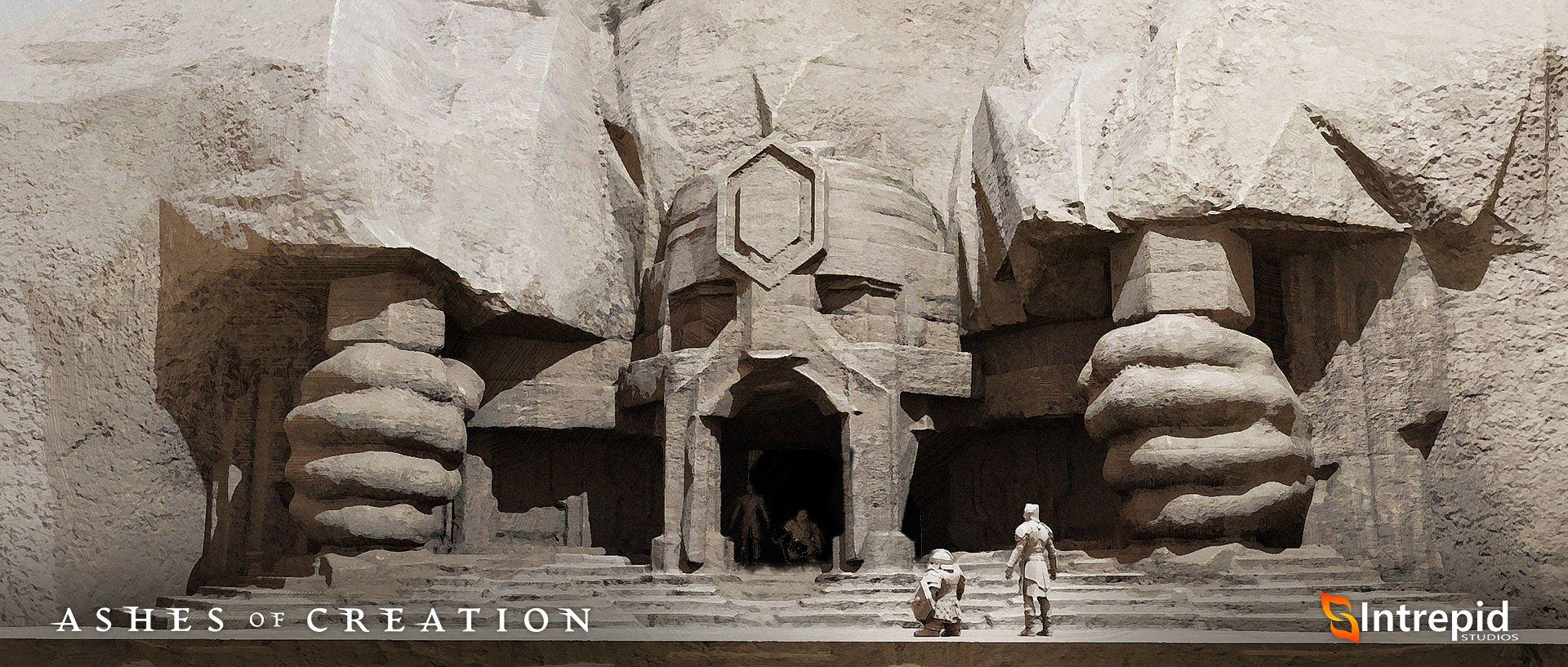 Stone image holding two giant hammers carved into a mountainside with the mouth being the doorway.
