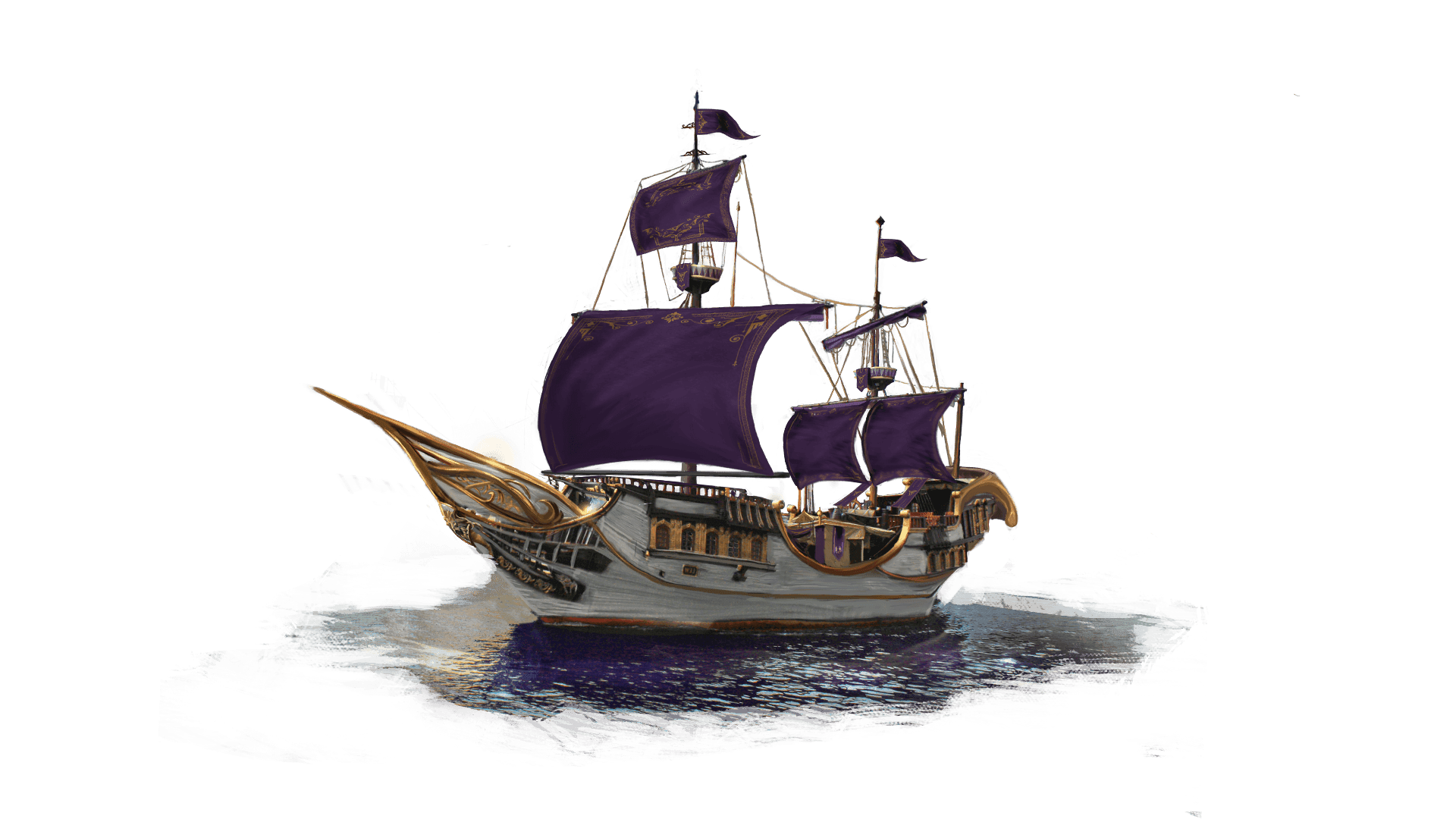 An elegant white wooded ship sails in the water with gold trim and royal purple sails.