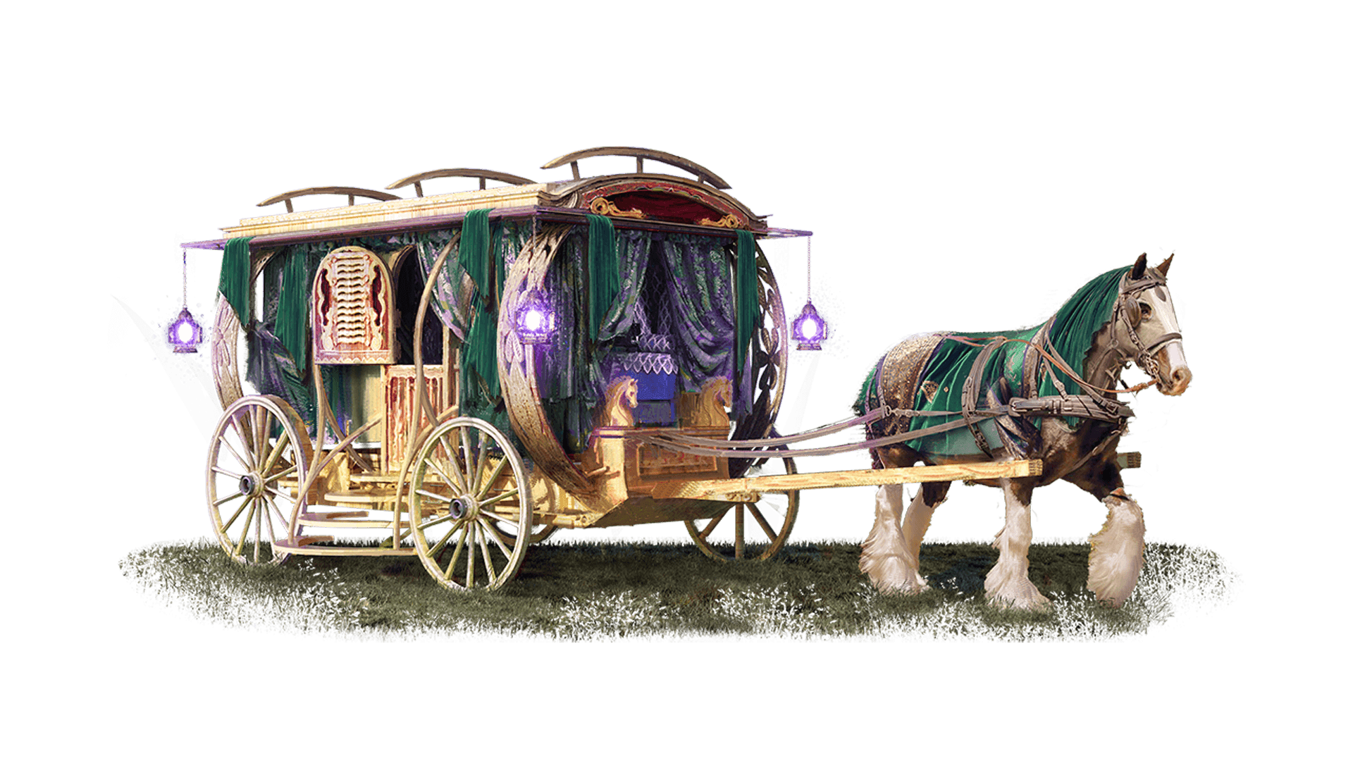 A barrel shaped carriage made of yellow wood has purple lanterns hanging from the side of it. The carriage also has purple and green curtains covering the windows and is pulled by a single horse.