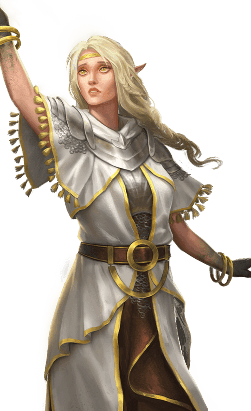 Empyrean Cleric Elf with a golden blonde braid down her left shoulder with her right hand extended to the sky holding a light ball