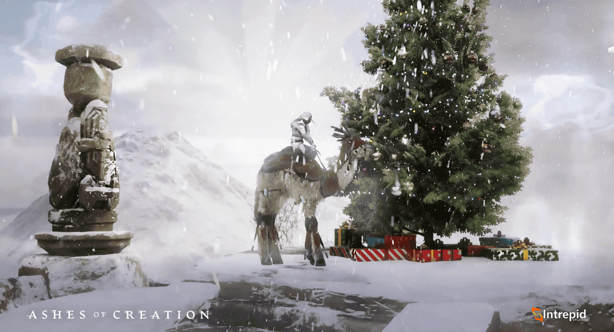 A man on camelback sits in front of a Christmas tree surrounded in snow.