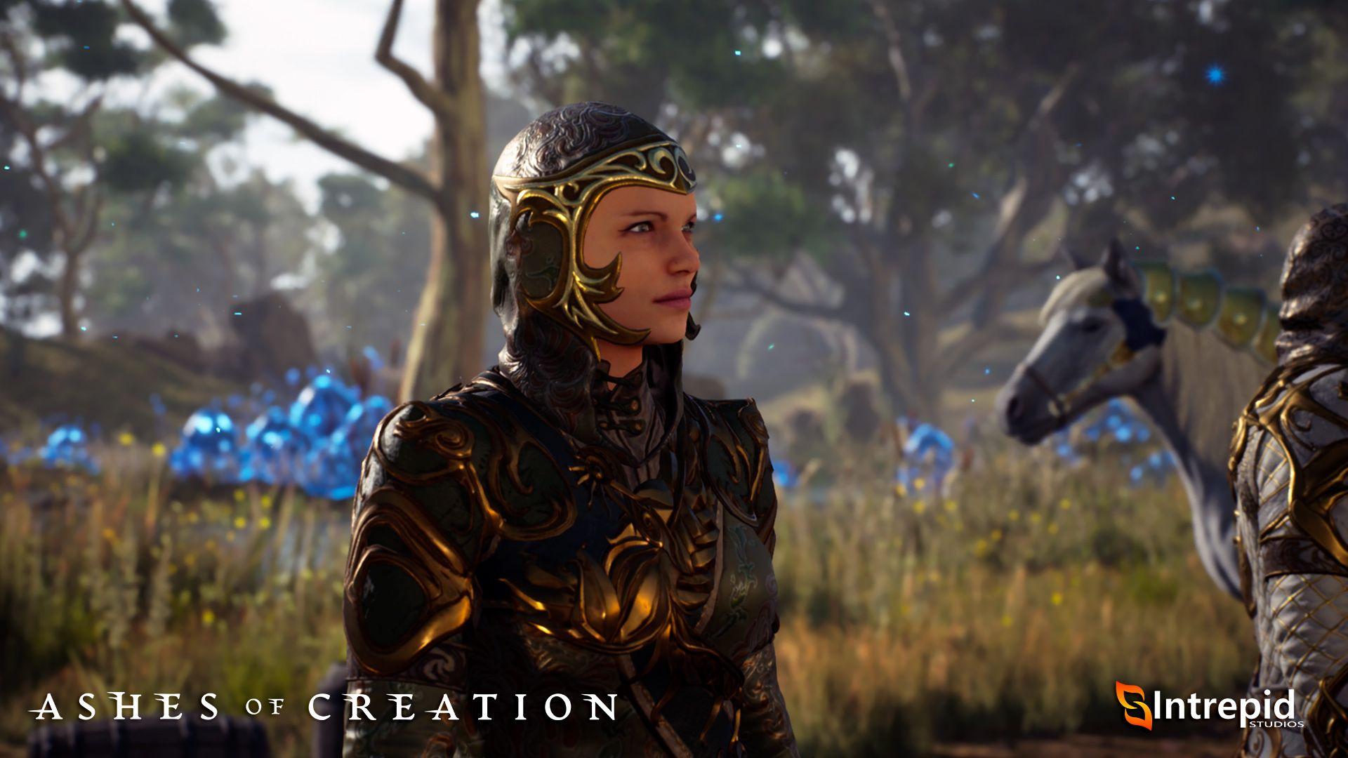A mid shot of a hero in body armor and a helmet. There is another person and a white horse in the background.