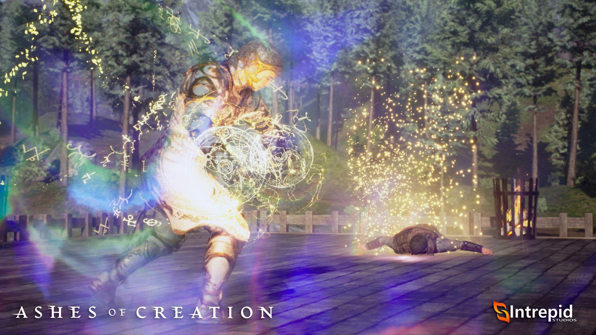 One hero is surrounded by swirling gold and purple light just finished an attack on the enemy who now lays face down on the ground with gold lights escaping from his body.