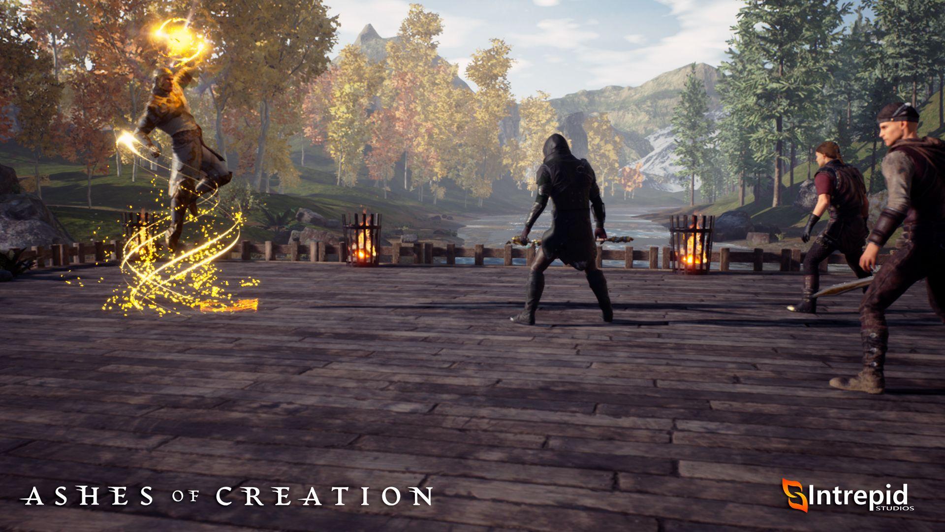 A hero caught in a battle scene against three foe. The hero is being suspended in the air by golden swirling light as both his palms also glow with the same light.