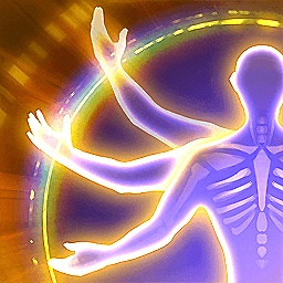 A semi-transparent purple figure stands to the right side, half off of the screen. Three arms are depicted implying movement from the arm raised up to outstretched at the waist. A golden rainbow glow emits from their form